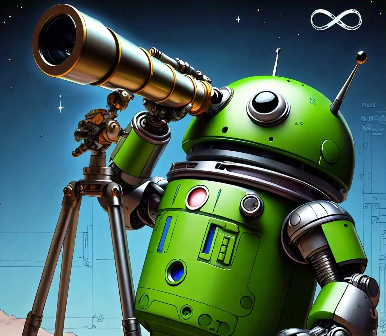 Android bot looking through telescope